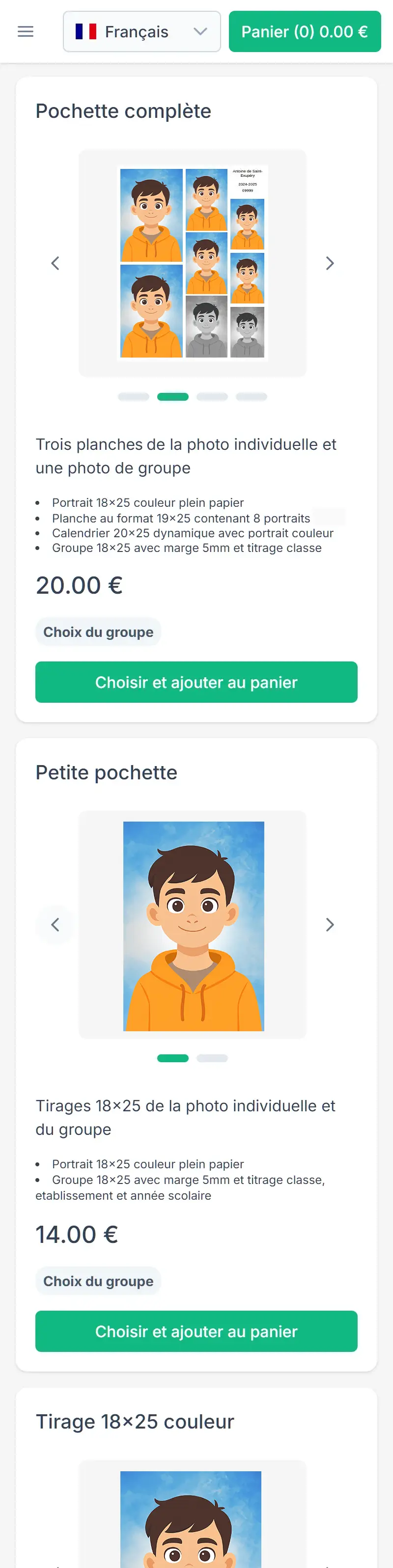 Boutique Pixli vue par un parent : pochettes et tirages proposés pour un élève